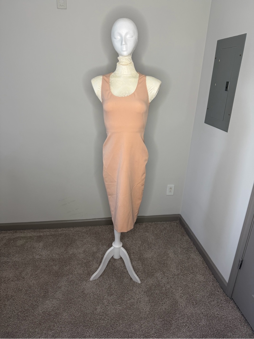 Zara Peach Scoop Neck Midi Bodycon Dress